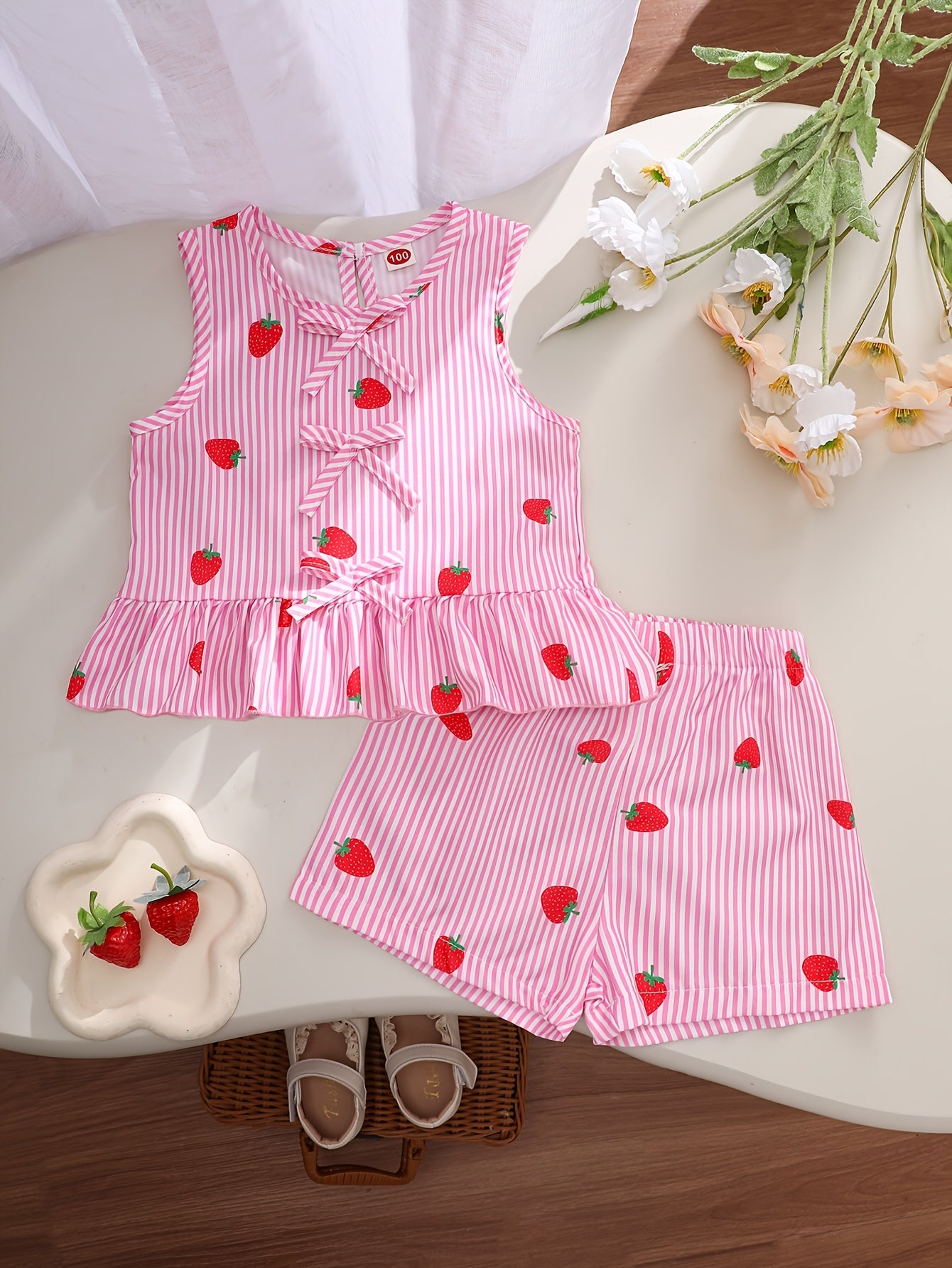 A Two-Piece Set. A Tank Top And Shorts Outfit Featuring Strawberry Prints, Striped Patterns, Bow Decorations, And a Ruffled Hem Design. This Is a Casual Summer Outfit for Girls. It Makes a Great Gift for Girls' Clothing. Suitable for Outdoor Wear