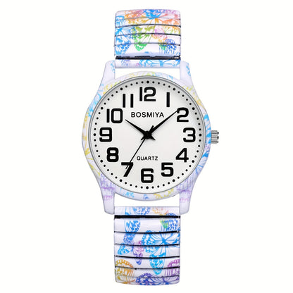 Bohemian Women's Stretch Watch, Analog Quartz Wristwatch, Large Arabic Numerals Scale, Clear And Easy to Read, Round Case, Printed Decorative Stainless Steel Strap, Suitable for Casual, Business Wear, Mother's Day Christmas Birthday Gift