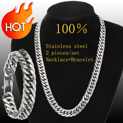 2pcs Set 13.5Mm Wide 304 304 304 Stainless Steel Bracelet And Necklace Set, Hip-Hop Trendy Cuban Chain Necklace And Bracelet Jewelry Set, Men'S And Women'S Fashion Jewelry Gifts, Exaggerated Necklace And Bracelet, Very Thick