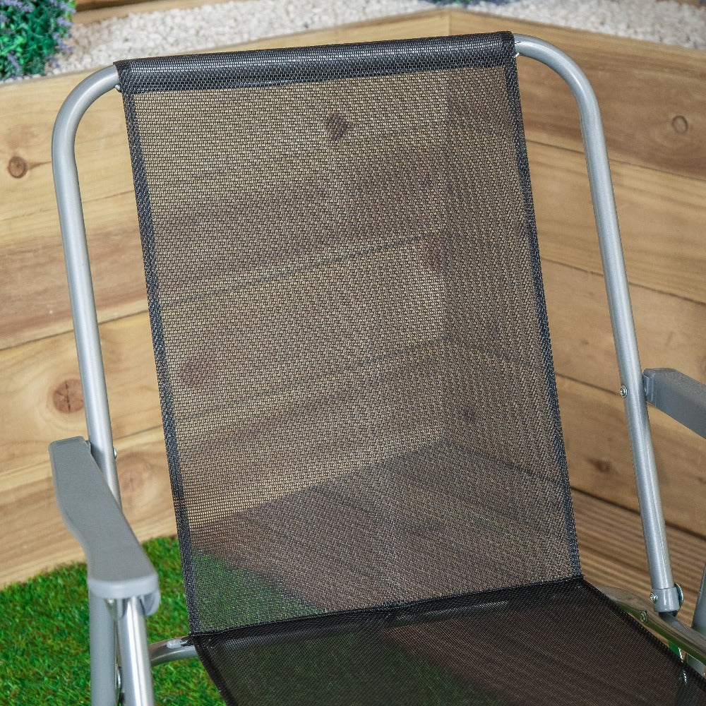 Pack of 2 Foldable Garden Chairs Powder-Coated Grey Metal Frame Black Fabric Seat Lightweight Portable Outdoor Folding Chair