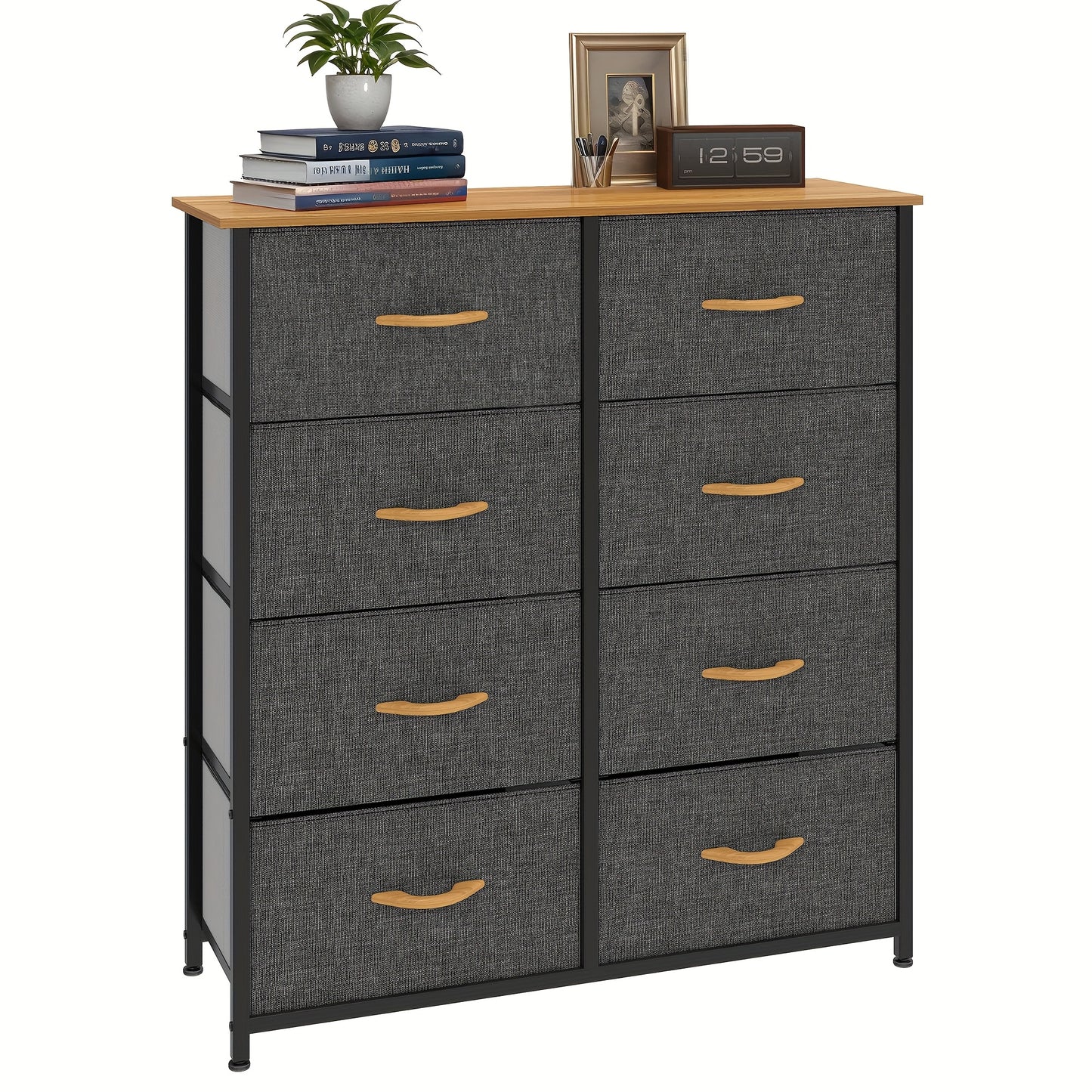 8 Drawers Dresser, Bedroom Dresser, Fabric Dresser with Wood Top, Drawer Storage Unit for Bedroom, Living Room, Black Gray