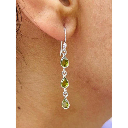 925 Sterling Silver Natural Gemstone 3 stone long Earring, Bezel Set Birthstone Ring, Perfect gift