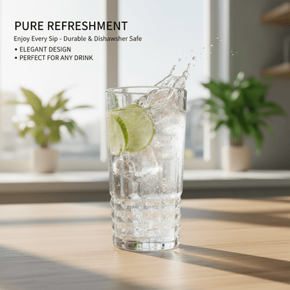 Set of 6 Diamond Pattern Highball Glasses - 280ml (11.8oz) Crystal Clear Drinking Glasses, Elegant Geometric Glassware for Cocktails, Water & Juice, Vintage Style Barware Set