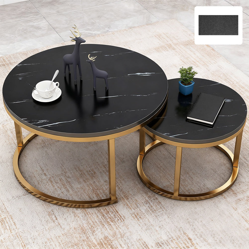 Round Nesting Coffee Tables Set of 2 Stackable Sofa Side Tables Living Room Gold White Wooden Nesting Table Pair with Storage Space UK