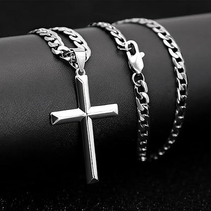 925 Sterling Silver Solid Cut 5mm Cuban Chain Cross Pendant Necklace, Hip Hop Trend, Birthday Gift, Everyday Gift, Valentine's Day Gift, Perfect for Celebration, Party, Dating, Comes with A Gift Box, Hip Hop Jewelry, Celebration Necklace, Statement Neckla