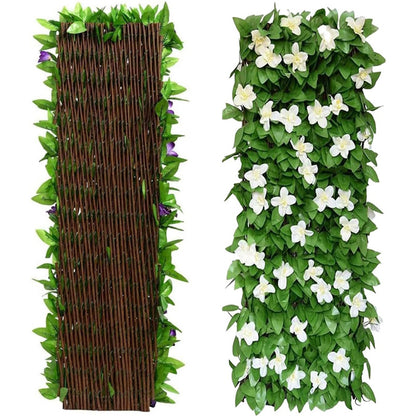 Expanding Garden Trellis Panels, 180X30Cm Expandable Garden Fence Screening with Artificial Ivy And Violet Flower, Decorative Faux Ivy Leaf Privacy Screen Greenery Backdrop for Backyard