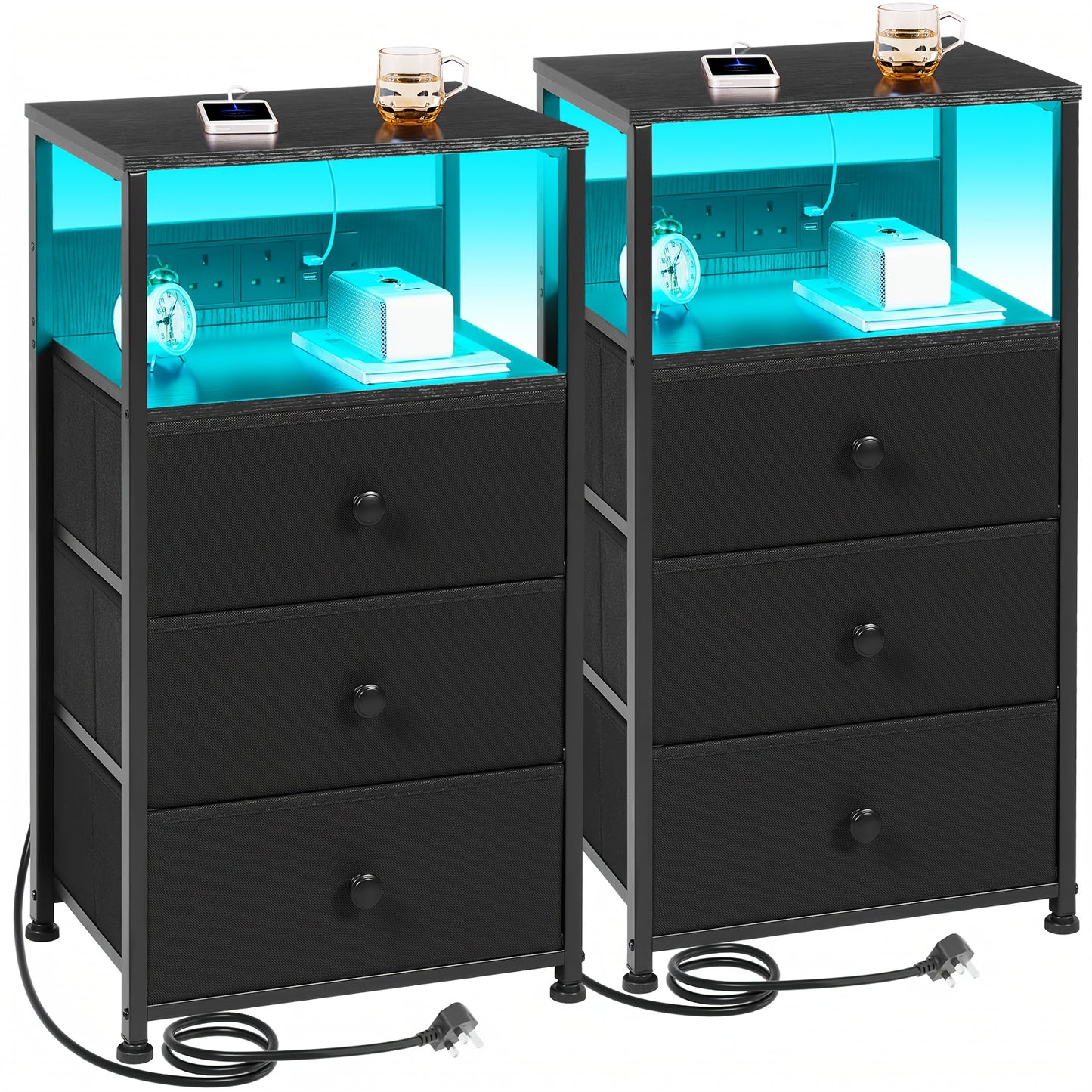 RELIABLE 2pcs Bedside Table with Charging Station, Side Table with LED Light, Small Nightstand with 3 Fabric Drawers And Open Storage Shelf, Bedside Cabinet for Bedroom, Living Room
