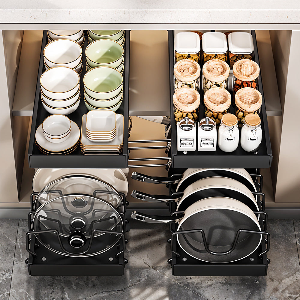 Pull-Out Commercial Utensil Rack, Cabinet Pot Lid Rack, Metal Carbon Steel Pot Lid Organizer, Dish Drying Rack, Pots and Pans Shelf with 8 Dividers/10 Dividers, Cutting Board Pot Storage Rack, Black