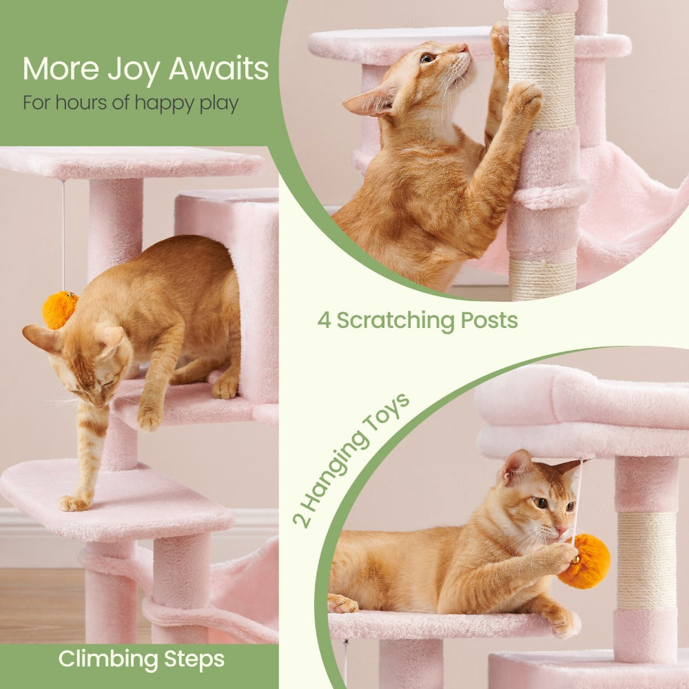 112cm Cat Tree Multi-Level Plush Tower Condo with 4 Scratching Posts, Hammock, Cave & Platforms – Stair-Step Design with Hanging Toys | Easy Assembly Indoor Cat Furniture | Pink White Beige Grey | UK
