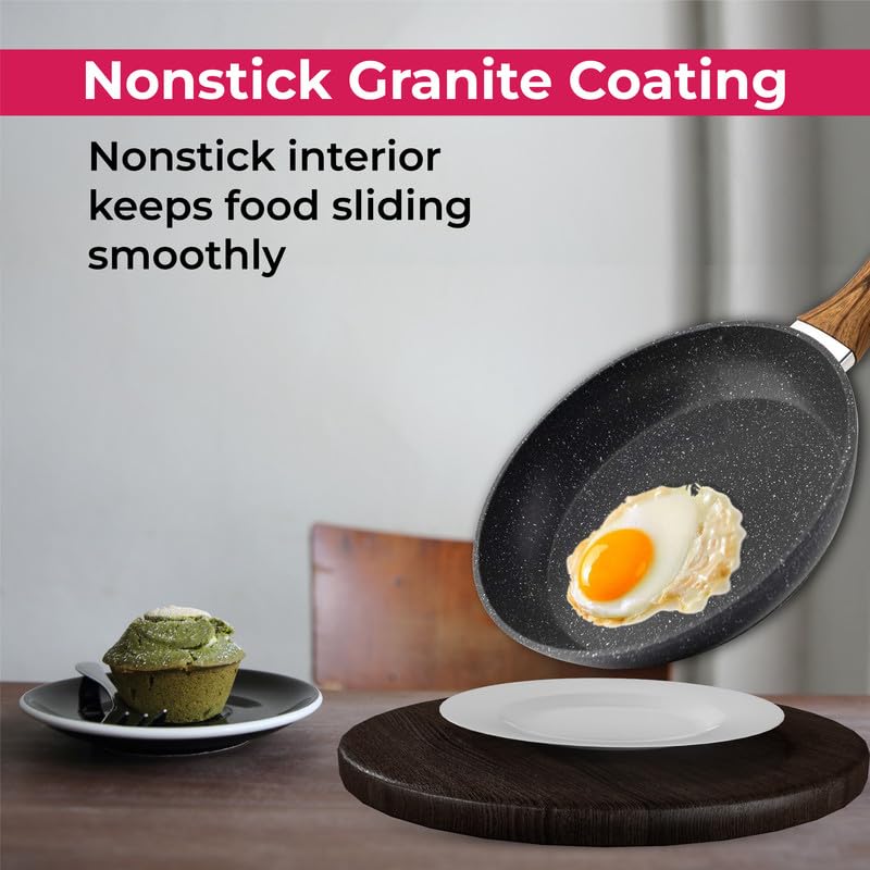 STL Frying Pan Non-Stick, Durable, Wooden Handle, Anti-Scratch Granite Coating, Compatible with Induction, Electric & Gas Hobs, Ergonomic Soft Grip