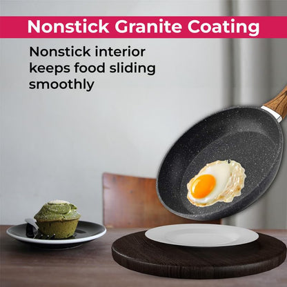 STL Frying Pan Non-Stick, Durable, Wooden Handle, Anti-Scratch Granite Coating, Compatible with Induction, Electric & Gas Hobs, Ergonomic Soft Grip