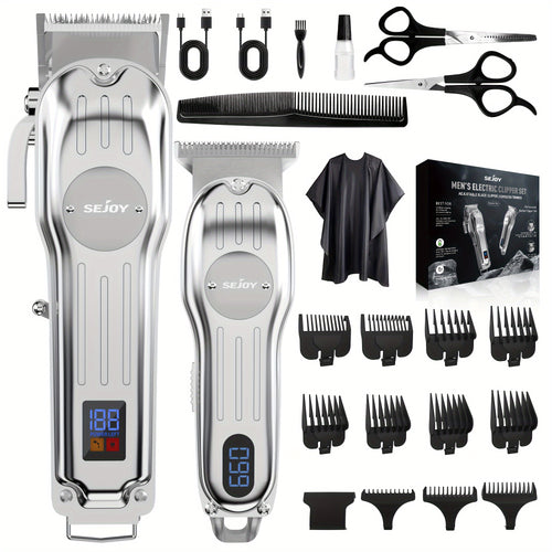 SEJOY Hair Clippers Professional Cordless for Men, T-Blade Hair Beard Trimmer Kit, Professional Clippers for Hair Cutting Kit with LED Display, 4500-7000RPM, Cordless Clippers for Men Women Barber Grooming Kit for Household.(Sliver/Blue/Golden)