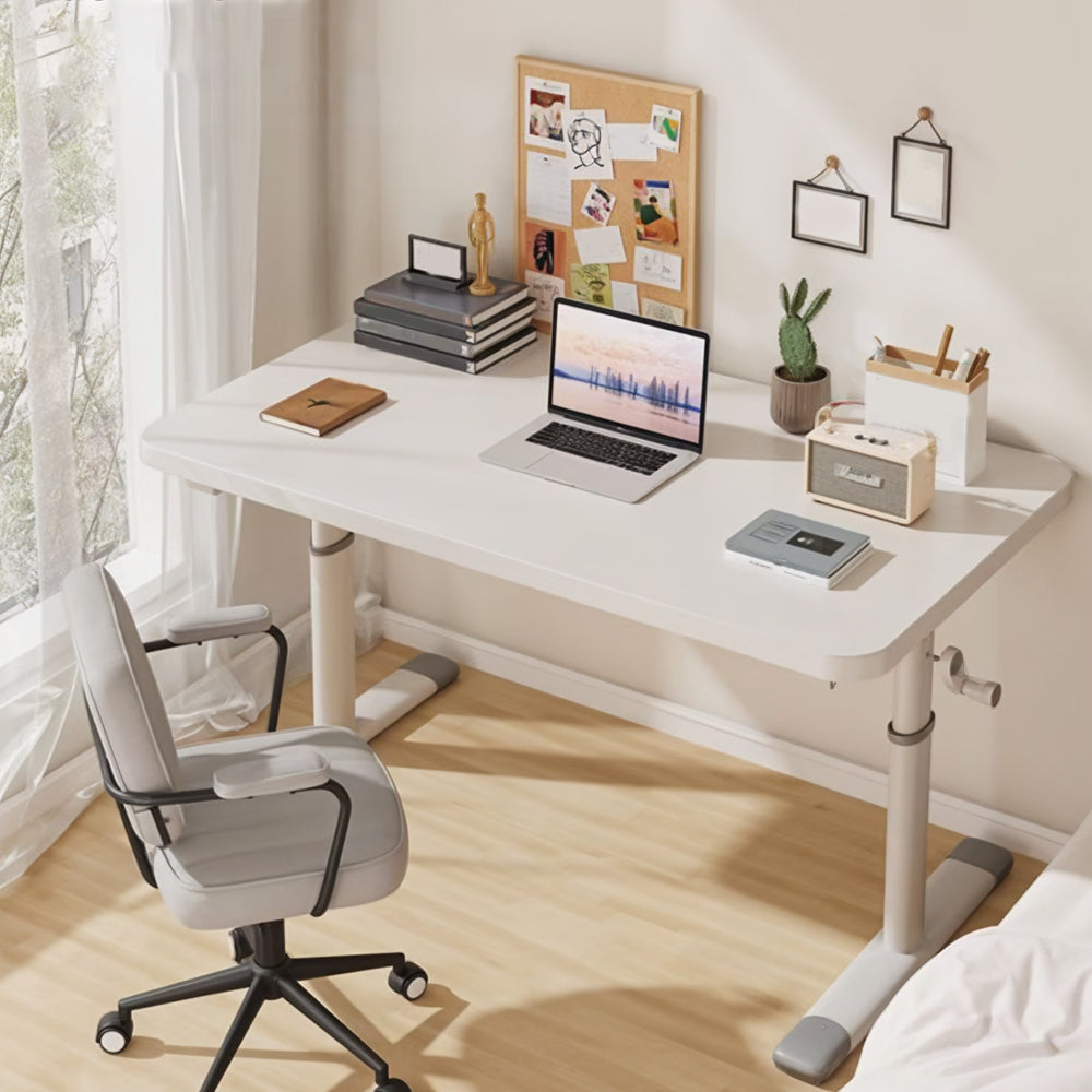 Premium Manual Adjustable Desk 60-90cm - Ergonomic Workstation with Crank Handle & Reinforced Base, Gaming & Home Office Desk, White Compact Study Table (Easy Assembly)