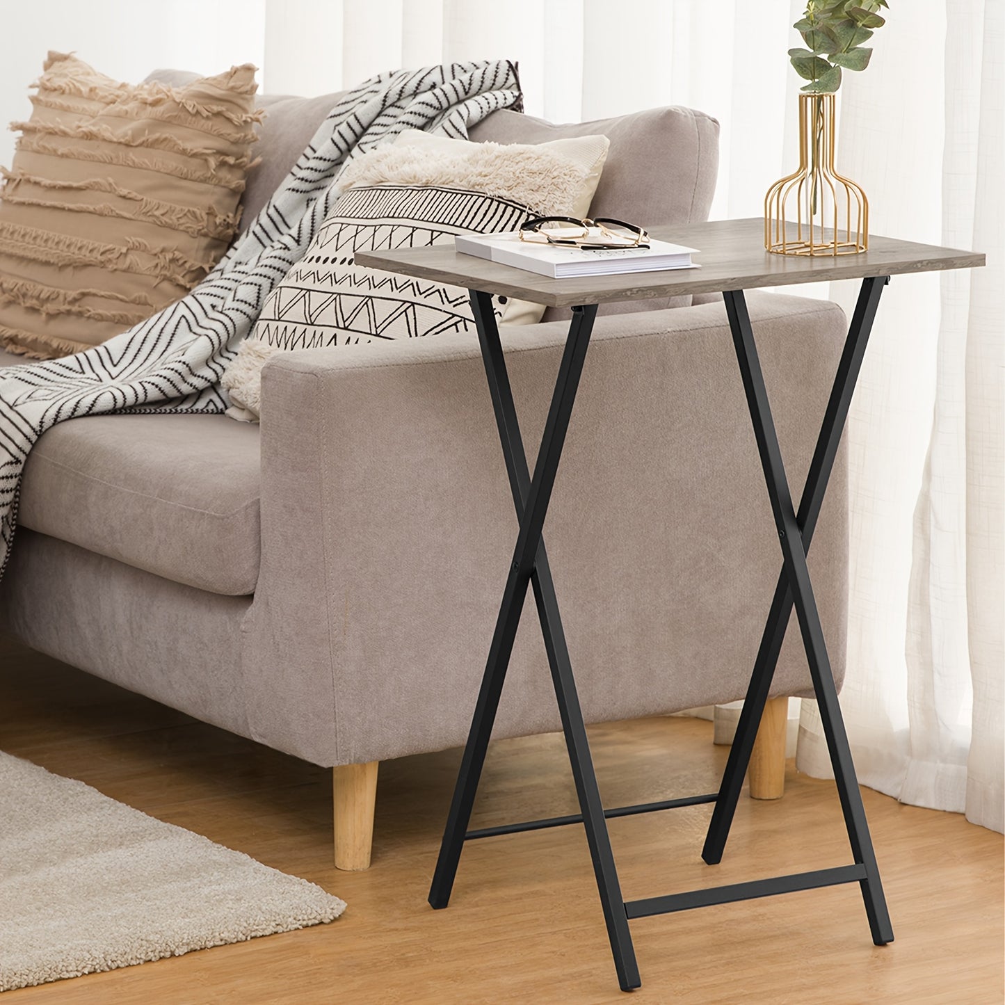 Set of 2 Small Space Side Tables, Folding TV Tray Table, Sofa Dining Industrial Snack Table, Easy to Assemble, Space Saving, for Living Room, Bedroom, Rustic Brown And Black, Greige And Black, Marble And Black