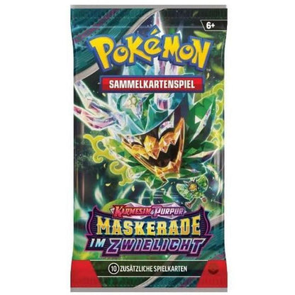 4-Pack Pokémon Booster Set - Masquerade in Twilight Booster Crimson & Purple - with 4 Boosters and 10 Cards - GERMAN