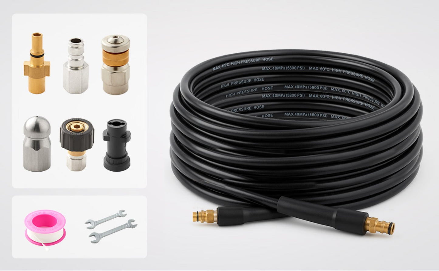 30M Pressure Washer Drain Cleaning Hose Kit Sewer Jetter Hose 5800PSI/400Bar for Washer Gun Includes 4 Adapters, 2 Corner & Rotating Nozzles for Cleaning Sewers, Sinks and Drains.