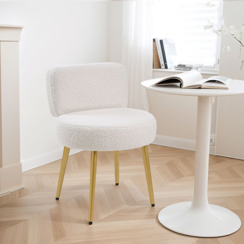 Dressing Table Stool Teddy Plush Upholstery with Gold Legs – Cream Vanity Chair with Backrest for Bedroom, Dressing Room & Living Room, 60cm