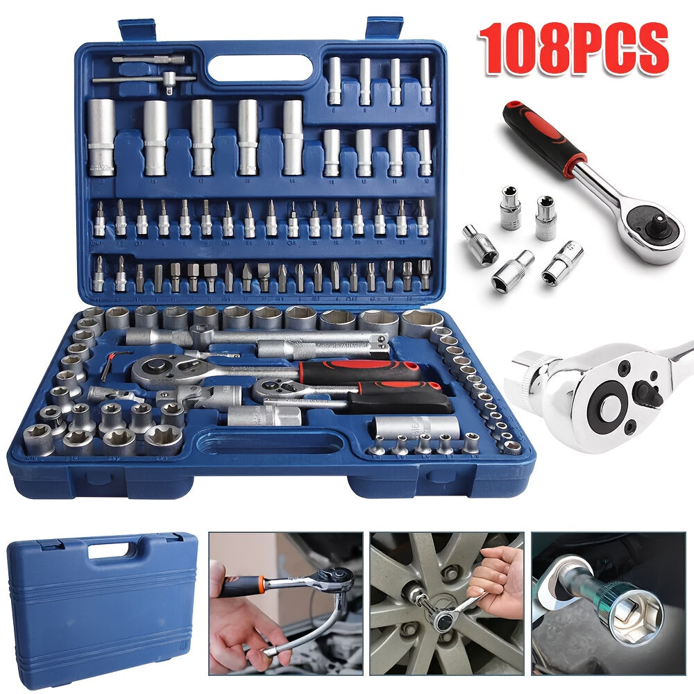108pcs Socket Wrench Set Ratchet Box Toolbox with 1/4" 1/2" 3/8" Ratchet Screwdriver Set Professional for Home Kit High-End Auto Repair Hardware Set Tool Set Professional Edition Perfect for Maintenance Essentials for Home Appliance Repair