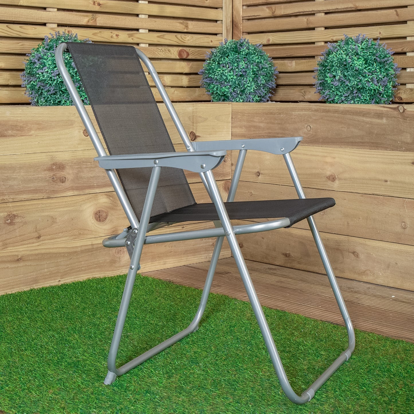 2 x Foldable Garden Chairs Fixed position garden chairs with grey frame and black fabric