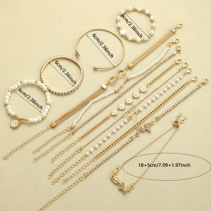 [Rhinestone Bracelet Set] 13pcs Multi-element Chain Bracelet Set - Multi-layer Stackable Floral, Star, Butterfly, and Heart Rhinestone Bling-bling Sparkling Round Bead Geometric Figure-8 Infinity Beaded, Fashionable Bohemian Style, Elegant and Exquisite V