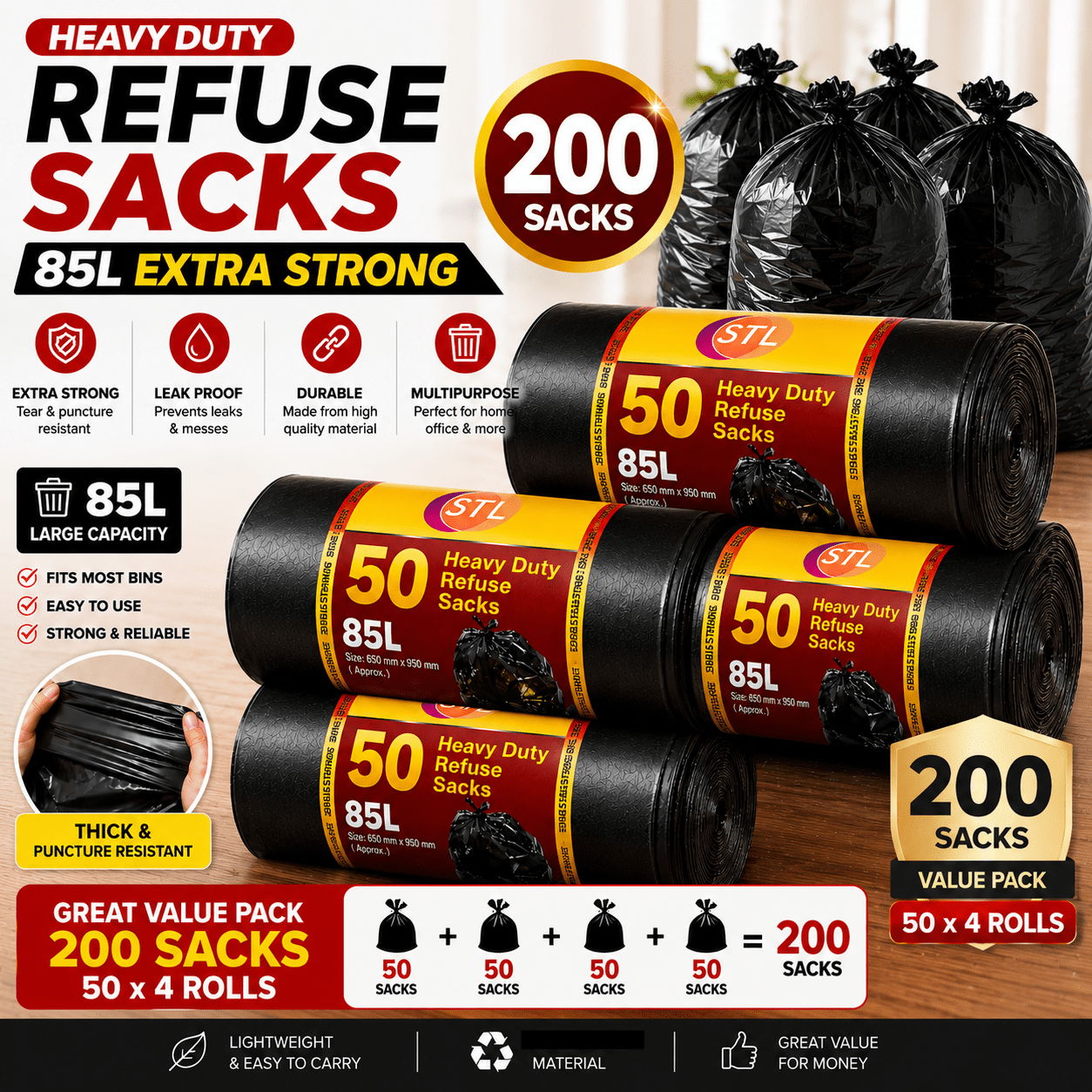 200 EXTRA STRONG HEAVY DUTY BLACK BIN LINERS RUBBISH BAGS WASTE REFUSE GARBAGE SACKS