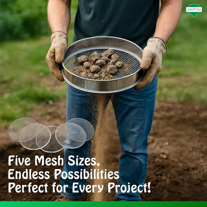 ADEPTNA 5Pcs Stainless Steel Soil Sieve Set Heavy Duty Garden Compost Sifter with 5 Interchangeable Mesh Inserts (3mm, 5mm, 8mm, 10mm, 12mm) Multi-Purpose Sifting Pan for Soil Sand Gravel Compost