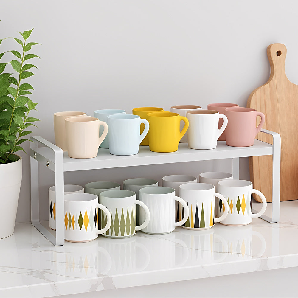 Multi-Tier Storage Rack, Mug Shelves for Desks, Black/White/Natural Wooden and Metal Countertop Organizer Shelf, Display Rack, Perfect for Dormitories Home Office Kitchen Bathroom