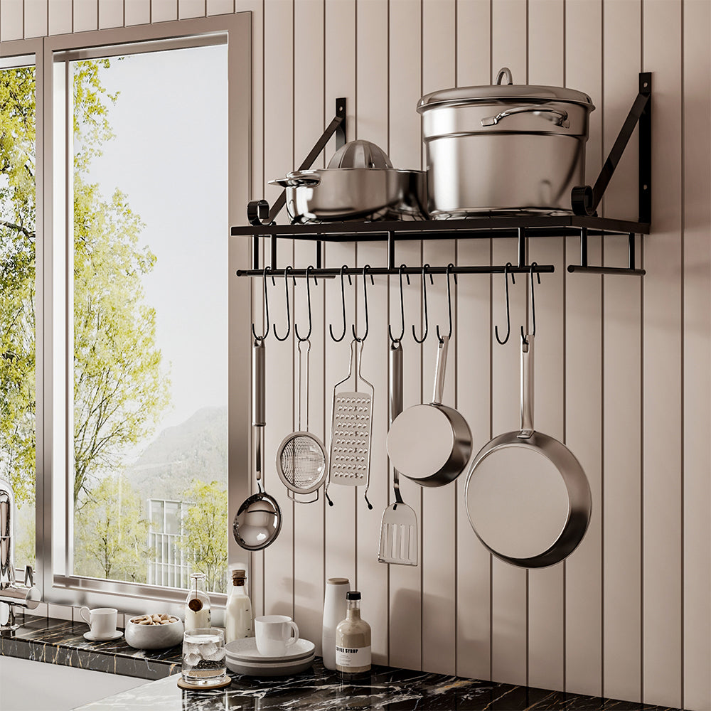 10-Hook Heavy Duty Metal Wall-Mounted Kitchen Organizer, Multifunctional Hanging Rack for Pots, Pans, and Cooking Utensils Storage, Space Saving Design for Small Kitchens