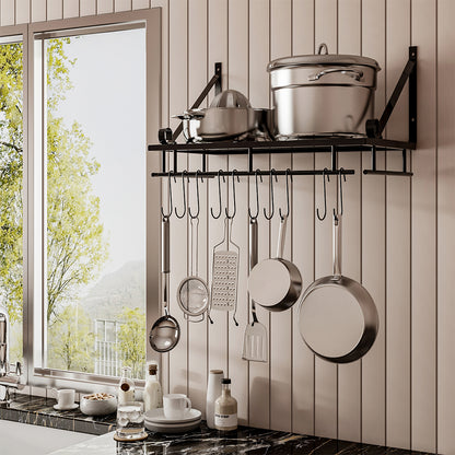 10-Hook Heavy Duty Metal Wall-Mounted Kitchen Organizer, Multifunctional Hanging Rack for Pots, Pans, and Cooking Utensils Storage, Space Saving Design for Small Kitchens