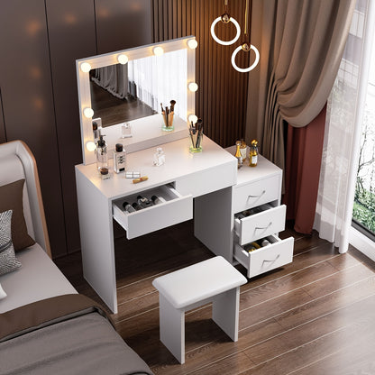 Dressing Table Set with LED Lighting Bulbs, Vanity Makeup Desk with 2 Storage Drawers And Stretchable Bedside Table, Cushioned Stool for Bedroom Living Room