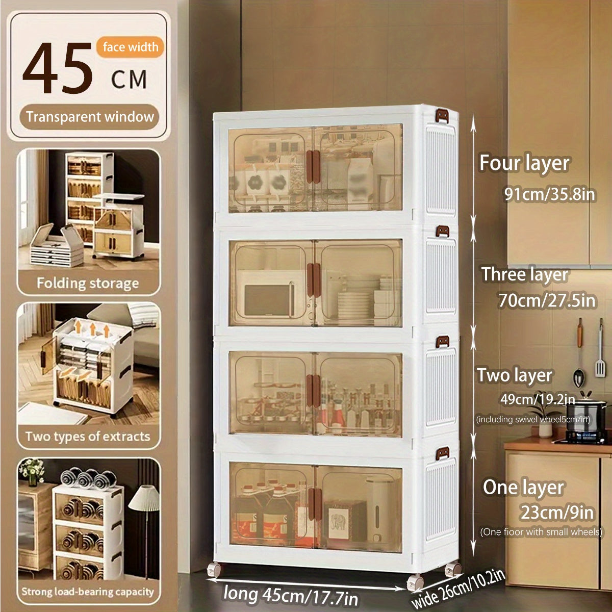 45Cm/50Cm Small Foldable Storage Cabinet, Small Capacity Entryway Storage Cabinet, with Wheels And Lid - Foldable Stackable Plastic Box, Home Storage And Organization Tool Cabinet, Foldable Organizer Box, Suitable for Closet, Bedroom, Kitchen