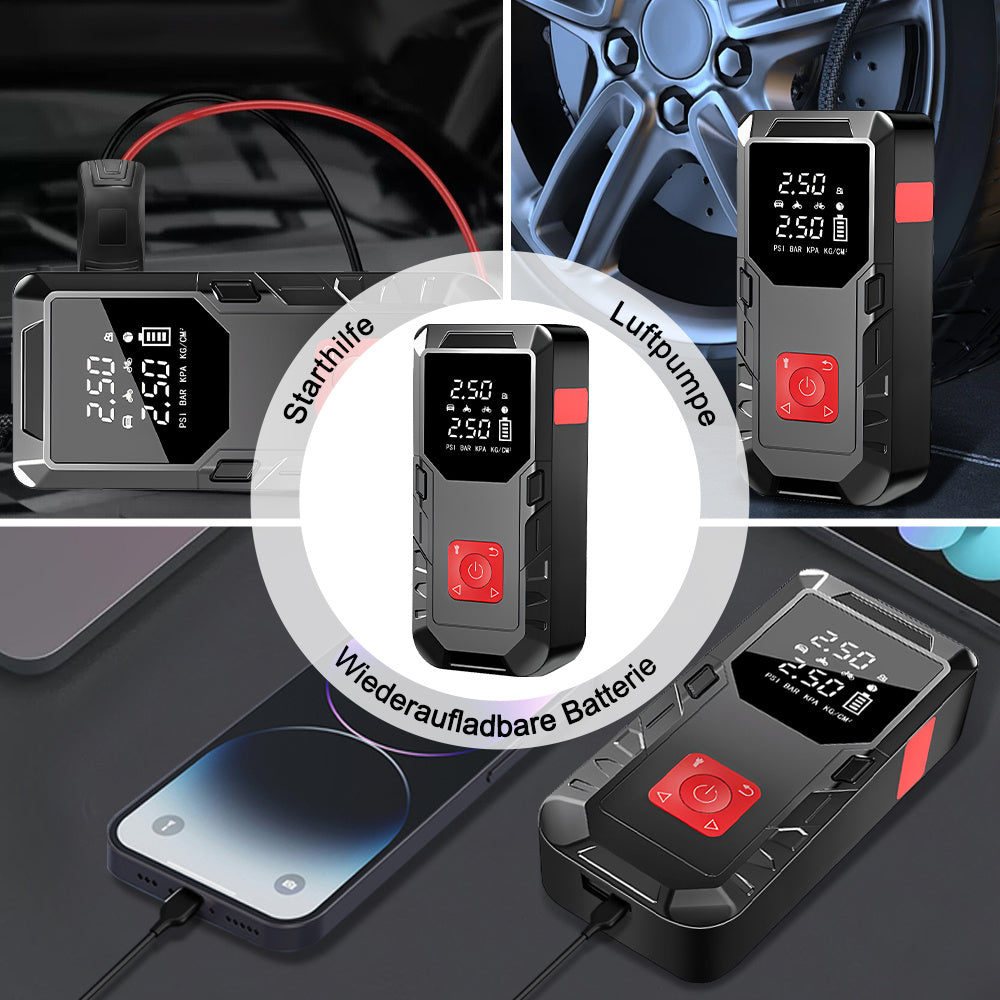 Car Jump Starter & Tyre Inflator 150PSI, Emergency Kit for All Petrol & Diesel Cars, Portable Tyre Inflator with LED Light, 12V Power Bank for Phone Charging, Emergency Battery Booster for Petrol/Diesel Engines, Essential for Travel, Camping & Winter Driv