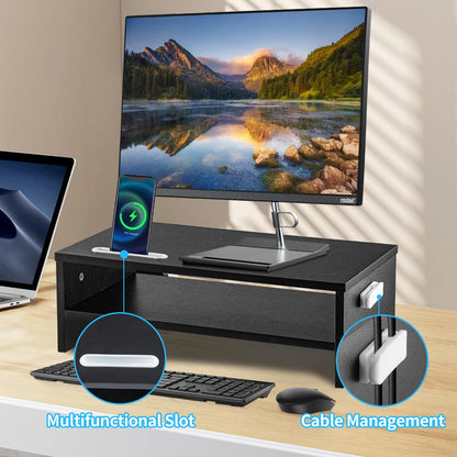 Wood Monitor Stand Riser with Smartphone Holder, 2 Tier Storage, Cable Management for Computer, Notebook, Black