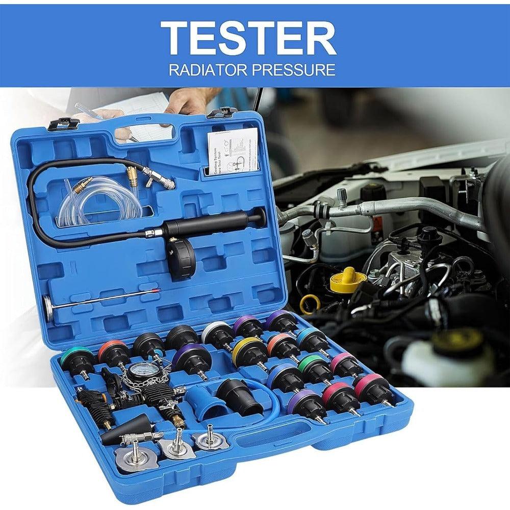 28Pcs Radiator Pressure Tester Kit Universal Cooling System Tester Kit Radiator Tool Kit Car Coolant Fill Tool For Leak Detection Blue, Professional Radiator Tool Kit For Temperature Measurement And Leak Detection