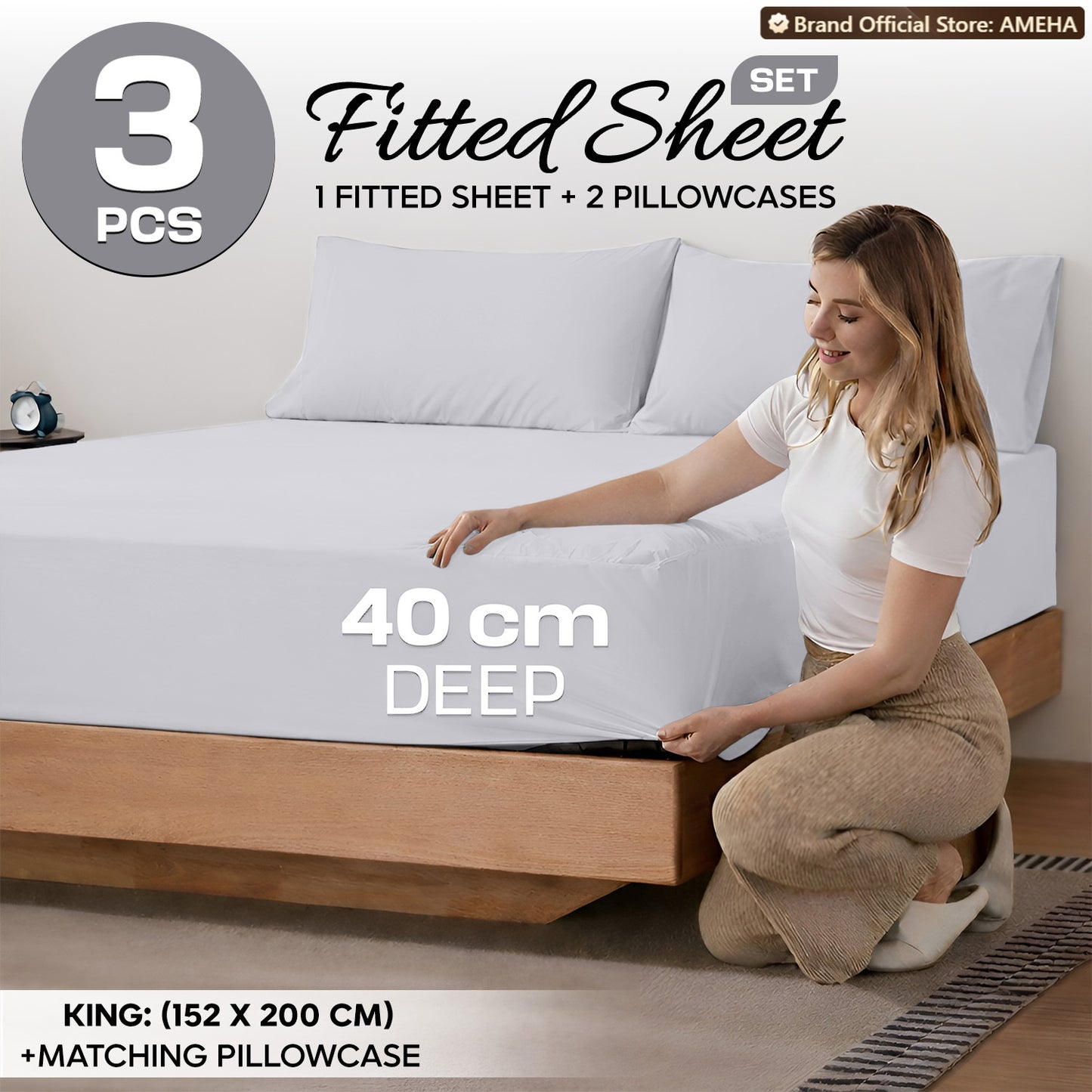 3pcs 40cm Extra Deep Fitted Sheet – Solid Color Soft & Comfortable Bed Sheet with 2pcs Matching Pillowcases, Breathable Fabric Soft Brushed Microfiber Bedding, Machine Washable for Home Bedroom, Hotel