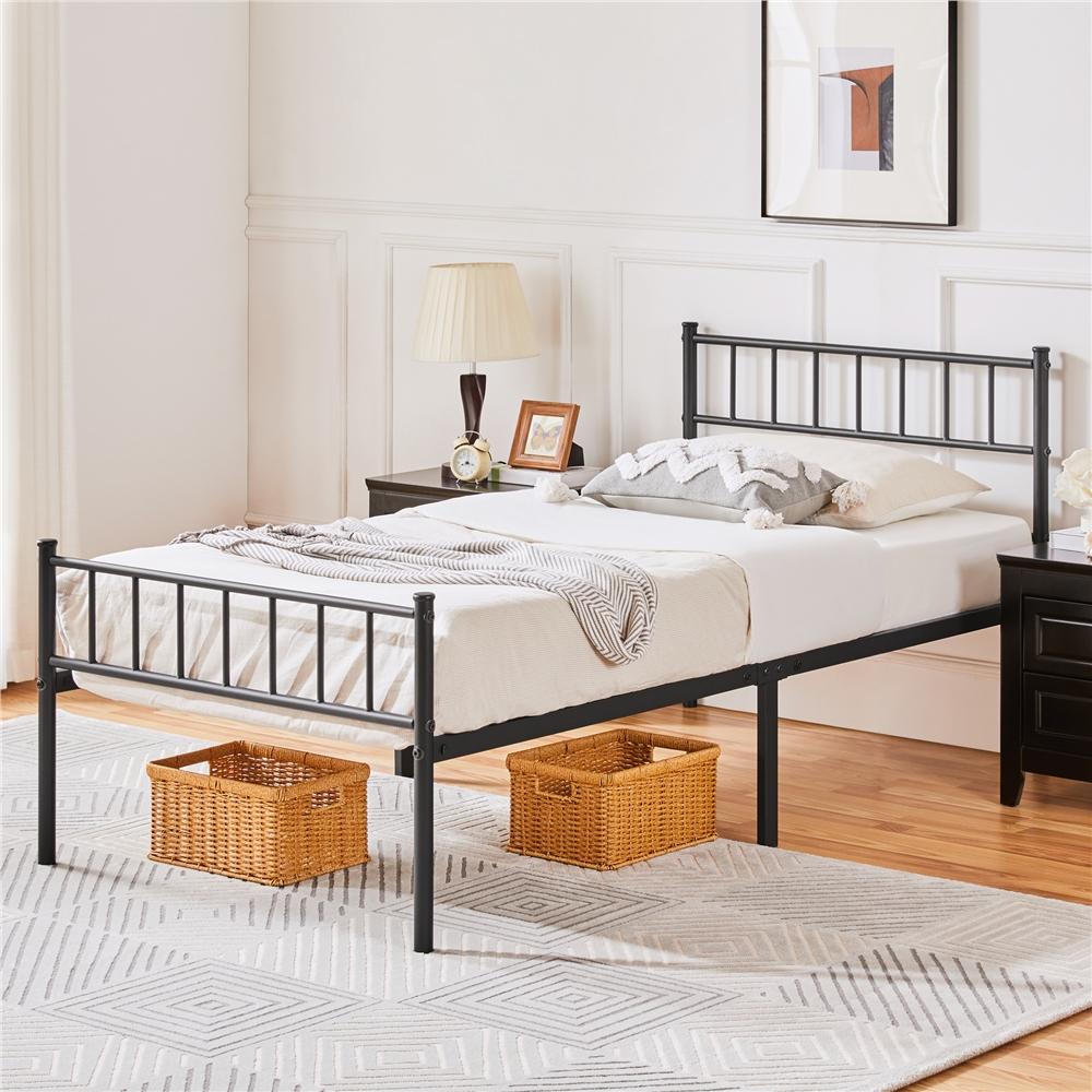 Costoffs Metal Bed Frame, Single/Double Size Bed Platform with Slatted Headboard and Footboard, Solid Slat Support, Large Storage Space, Easy Assembly Bed, Modern Mattress Foundation, Black/White/Pink/Silver