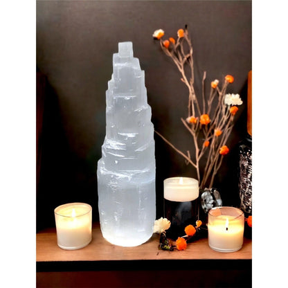 Selenite Mountain Pillars Handmade White Natural Raw Crystal Tower Healing Energy Mineral Meditation Charging Selenite Crystal Table Decorative Pillar Chakra Spiritual Gift Decorative