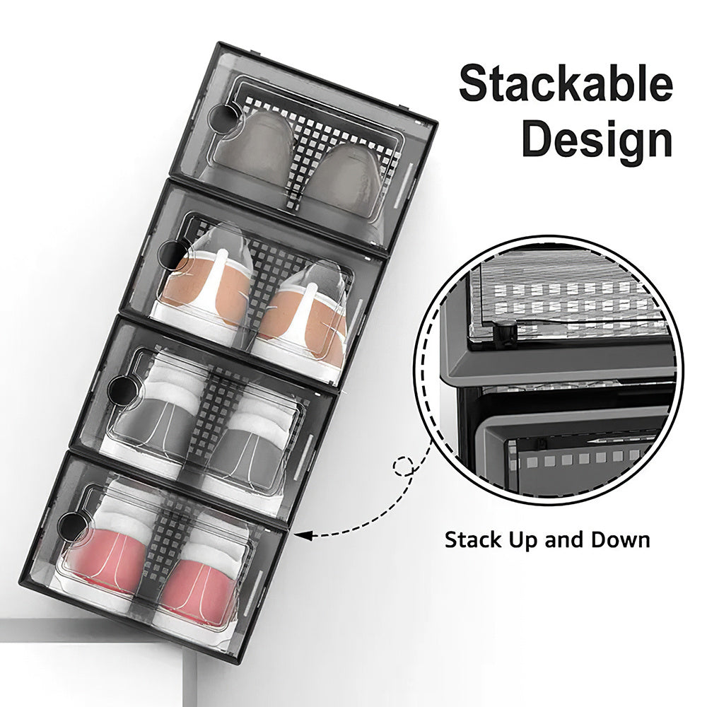 Folding Shoe Storage Box, 12 Pack Clear Transparent Shoe Storage Boxes Hard Plastic Stackable Organiser Containers Bins, DIY Easy Assembly, Sturdy & Durable, Space Saving, Black Door Frame, Foldable and Versatile for Sneakers, Fit up to UK Size 9.5