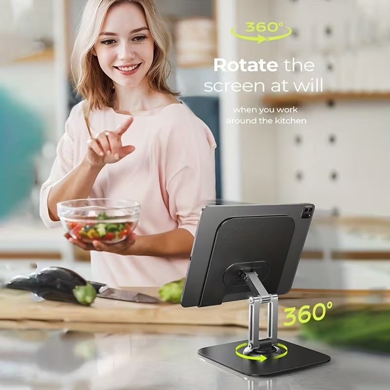 3-piece set (1 heavy-duty adjustable tablet stand+1 hex wrench+data cable storage bag) -360 ° rotating base, foldable design, all metal structure, ergonomic desktop stand, suitable for iPad, tablet, phone, and laptop, sturdy and stable, suitable for both