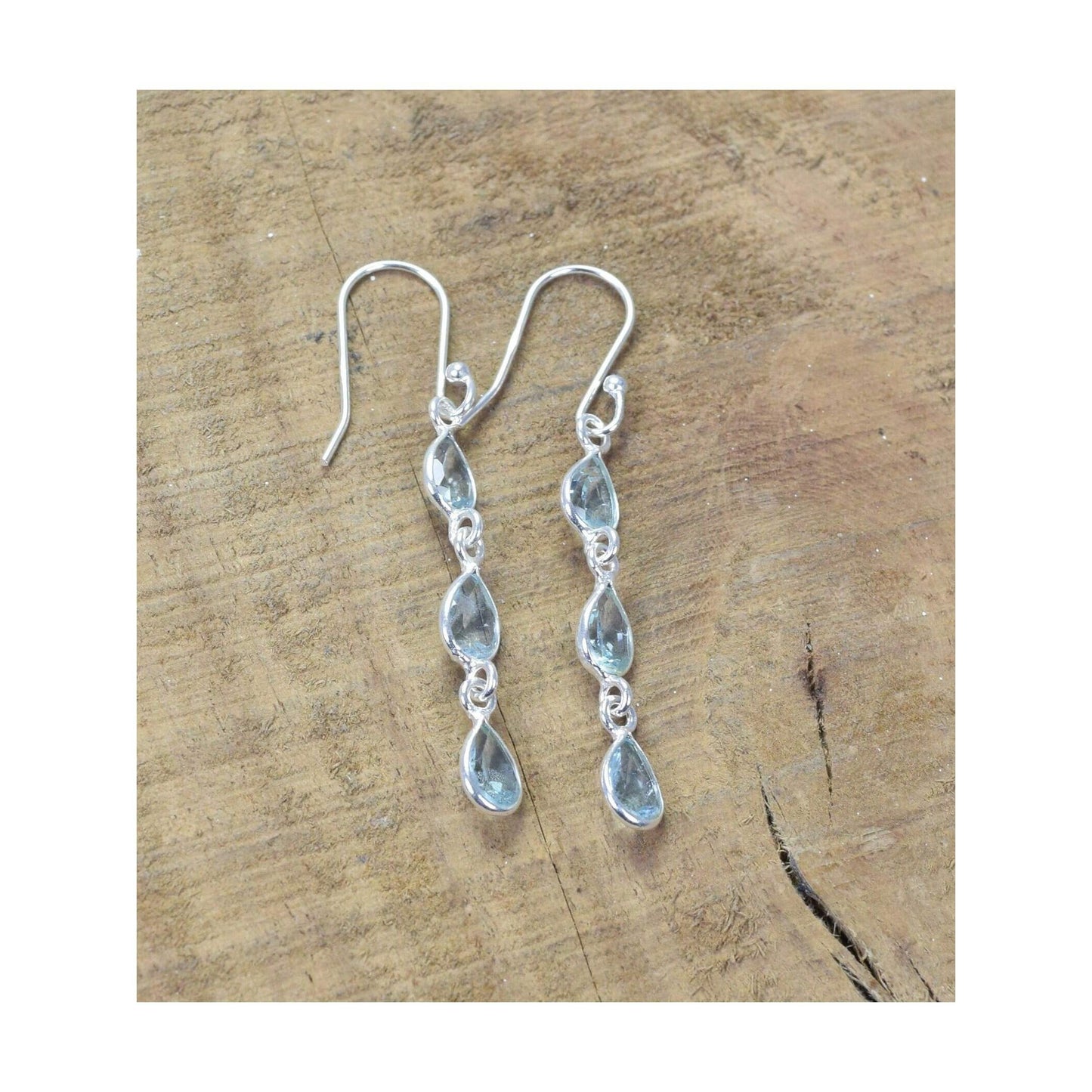 925 Sterling Silver Natural Gemstone 3 stone long Earring, Bezel Set Birthstone Ring, Perfect gift