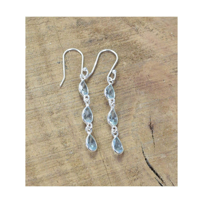 925 Sterling Silver Natural Gemstone 3 stone long Earring, Bezel Set Birthstone Ring, Perfect gift