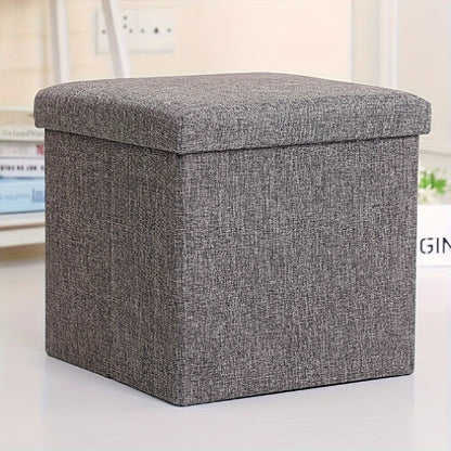 Grey Cotton Linen Storage Ottoman Stool | Foldable Toy & Clothes Organiser | Living Room Bedroom Study Footrest Seat | Fabric Storage Box with Lid