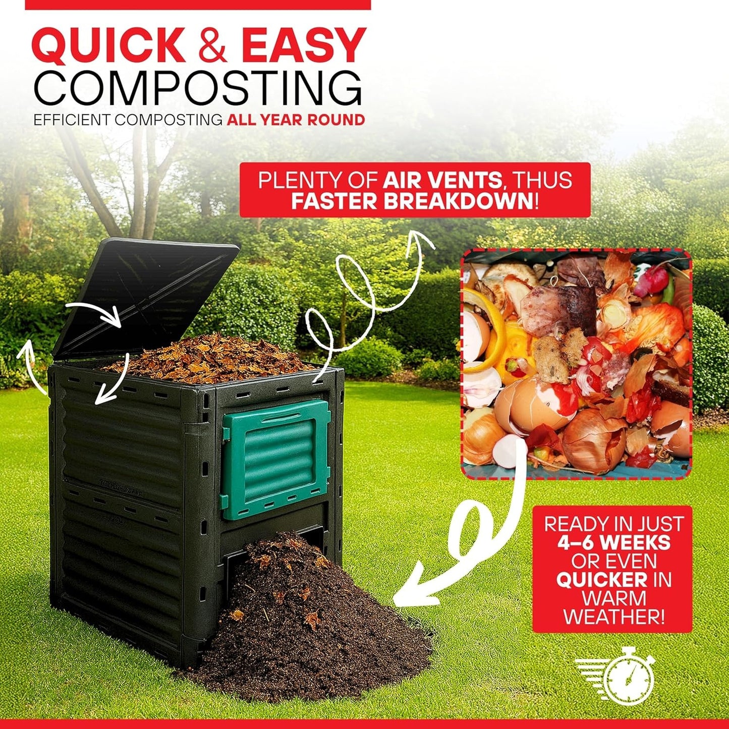 300L Garden Compost Bin – Outdoor Composting Container for Kitchen & Garden Waste (Black Green)