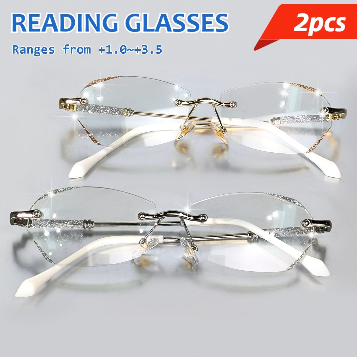 Set of 2 Stylish Rimless Reading Glasses/Sparkling Fashion Eyewear for Both Men And Women/Available in Strengths from +1.0 to +3.5