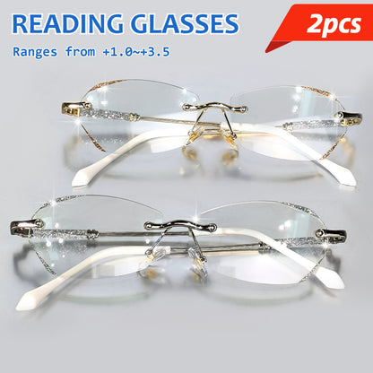 Set of 2 Stylish Rimless Reading Glasses/Sparkling Fashion Eyewear for Both Men And Women/Available in Strengths from +1.0 to +3.5