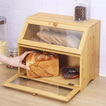 1 2-layer Bamboo Wooden Bread Box Kitchen Food Storage Box Bread Container Household Large Capacity Bread Storage Box 39x32x25cm