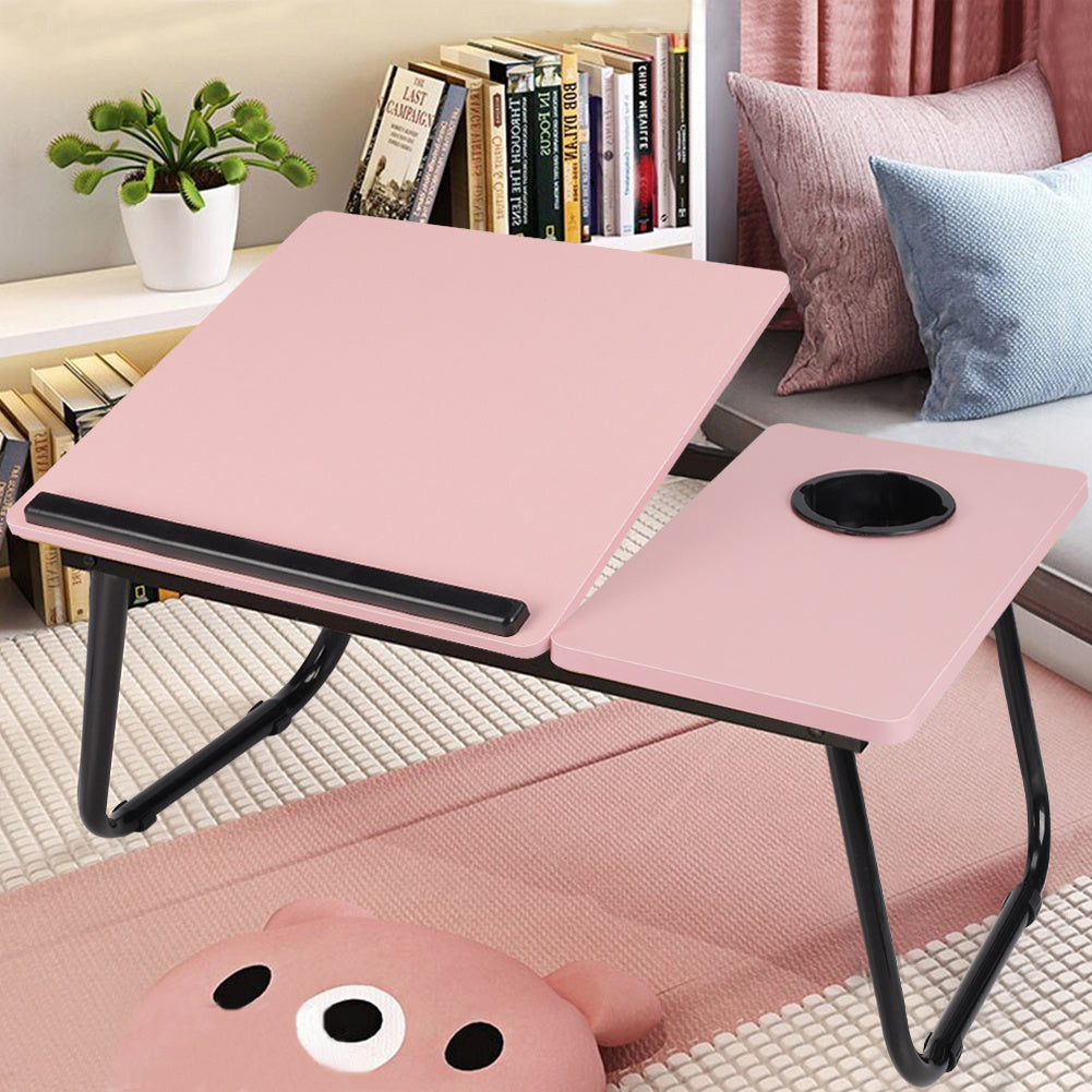 Adjustable Lap Desk Foldable Bed Table with Cup Holder - Portable Laptop Stand Breakfast Tray for Bed Sofa Couch Pink