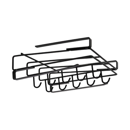 Under Cabinet Storage Rack with Hooks – No-Drill Carbon Steel Kitchen Hanging Shelf for Cutting Boards, Cups, Cloths & Kitchen Utensils, Black