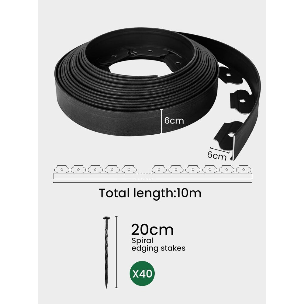 Garden Edging Borders 10m Landscape Edging Extra Tall 6cm High with 40pcs Stakes No Dig Garden Border Lawn Edging Mini Plastic Fence for Flowerbeds Grass (Black and Green)