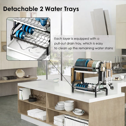 2 Tier Dish Drying Rack with Drip Tray Large Capacity Kitchen Organiser for Plates Bowls & Utensils Space Saving Storage Solution Household